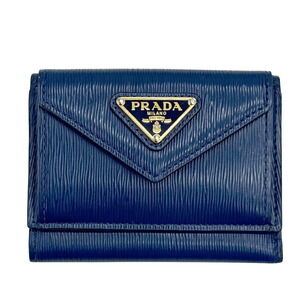 Prada Compact Wallet Blue Tri fold Folding Vitello